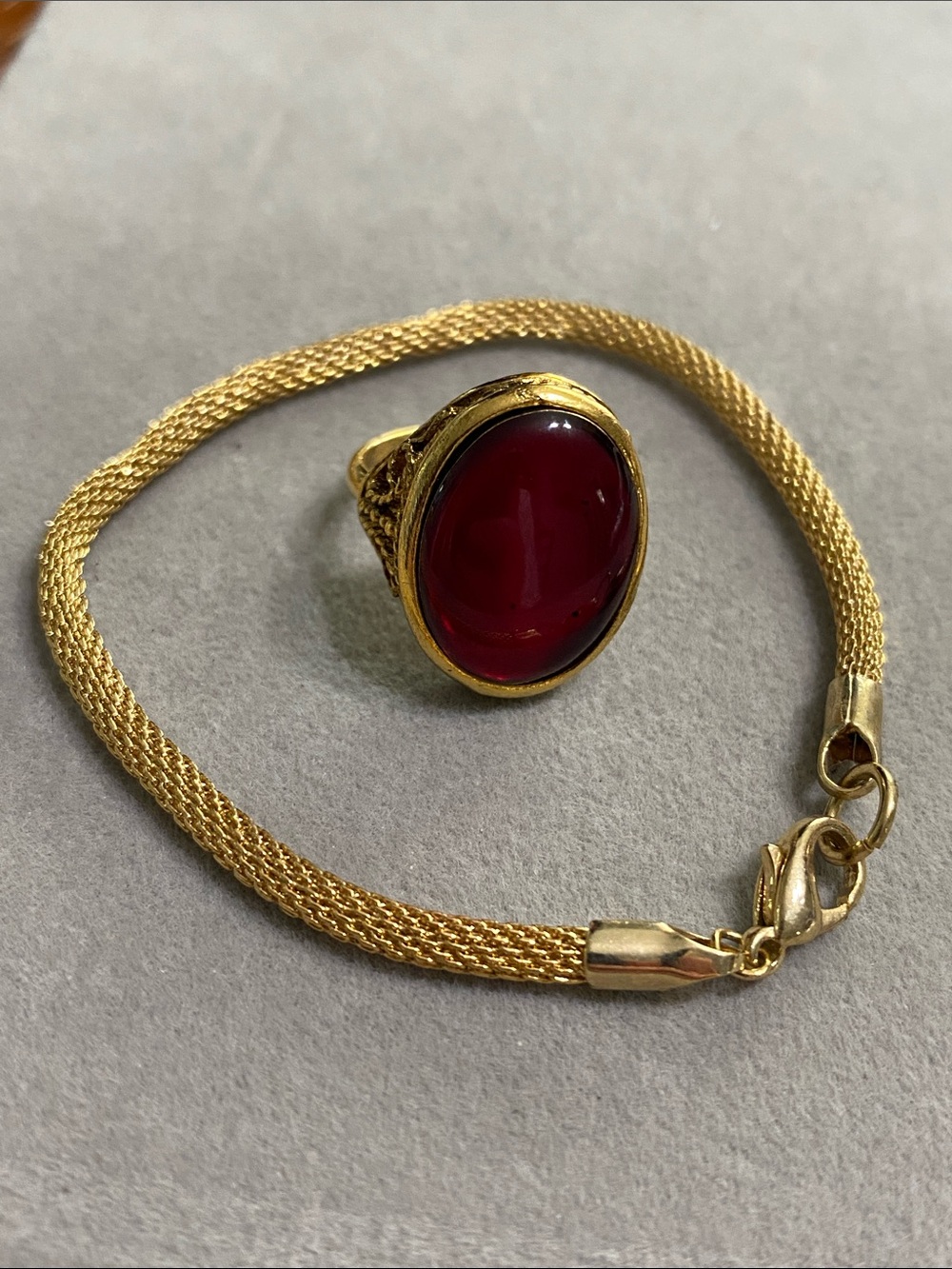 Gold-Tone Mesh Bracelet and Red Cabochon Ring Set
